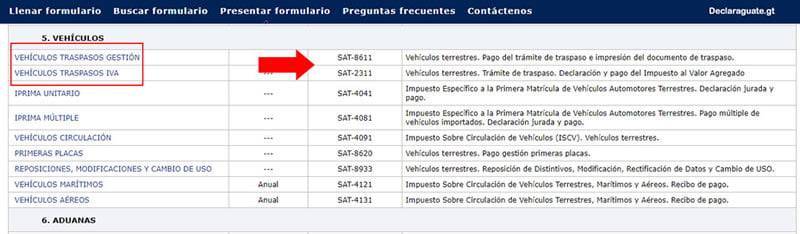 sat 8611 declaraguate traspasos vehiculos